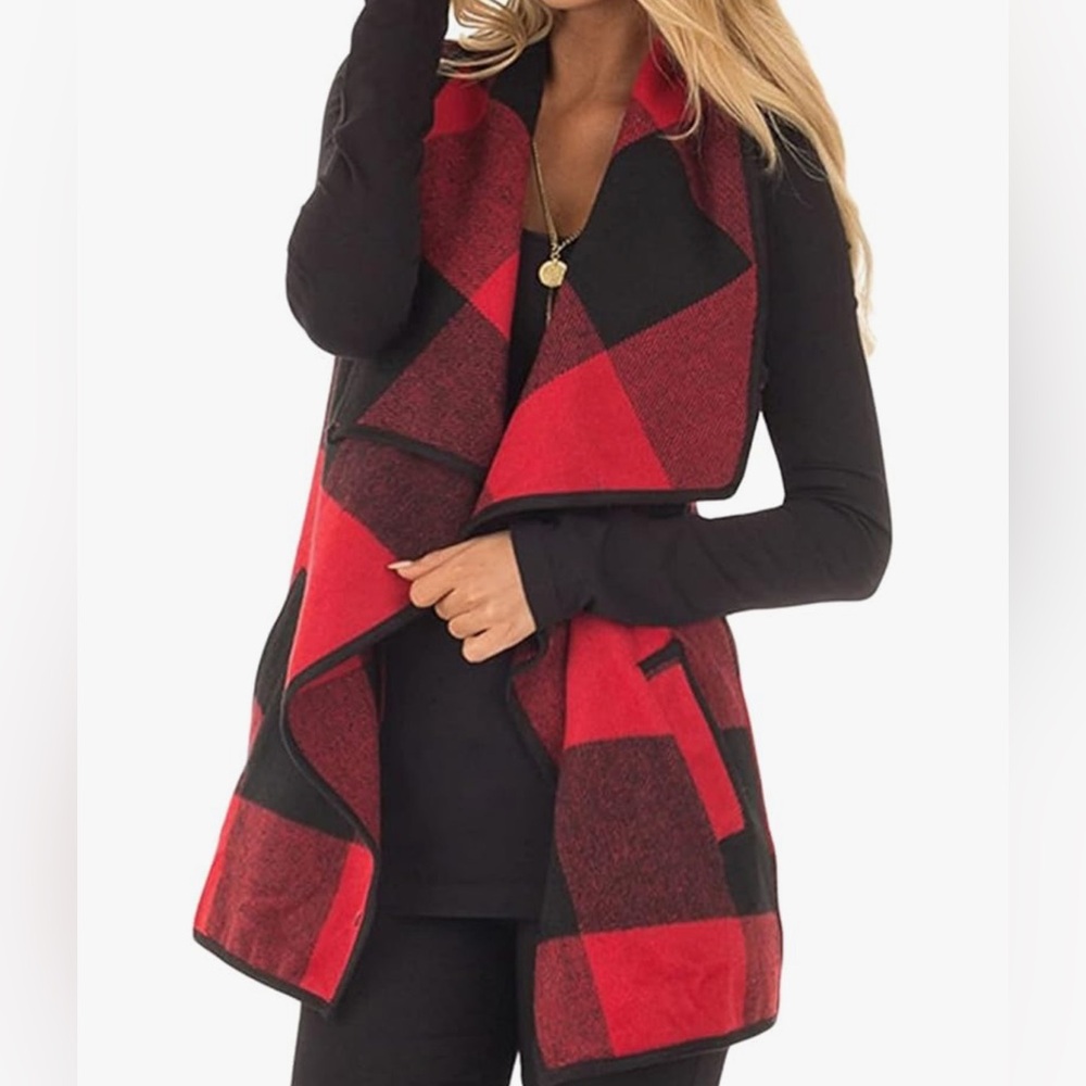 Yacun Buffalo Black Red Plaid Open Front Vest‎ Size Small
